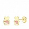 18K PENDIENTES ORO AMARILLO OSO ESMALTE ROSA. 6 X 5 MM. CIERRE TORNILLO.