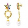 18K PENDIENTES CIRCONITAS Y PERLA Y FLOR DE PIEDRA DE COLOR